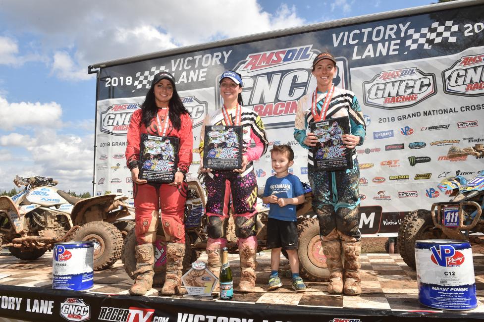 Traci Pickens (center), Katelyn Osburn (left), and Alicia McCormick (right) stood atop the podium as your WXC ATV top three at the Big Buck GNCC.