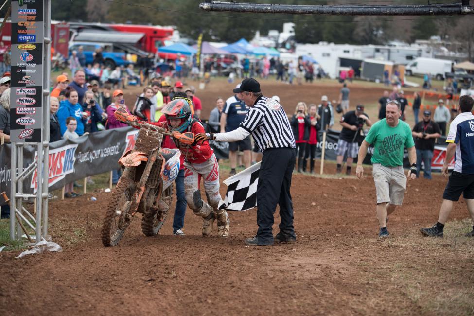 After a collision in the final turns Sheets was unable to restart her bike, therefore having to push it across the finish line. 