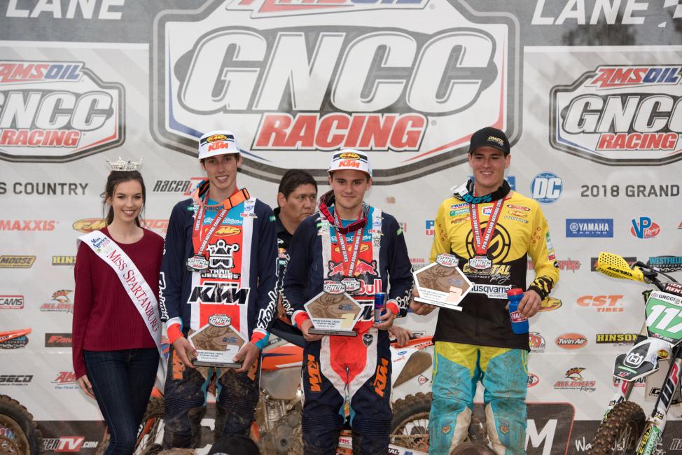 The XC2 250 Pro podium at the Big Buck GNCC: Josh Toth (center), Ben Kelley (left) and Pascal Rauchenecker (right) rounded out the top three.
