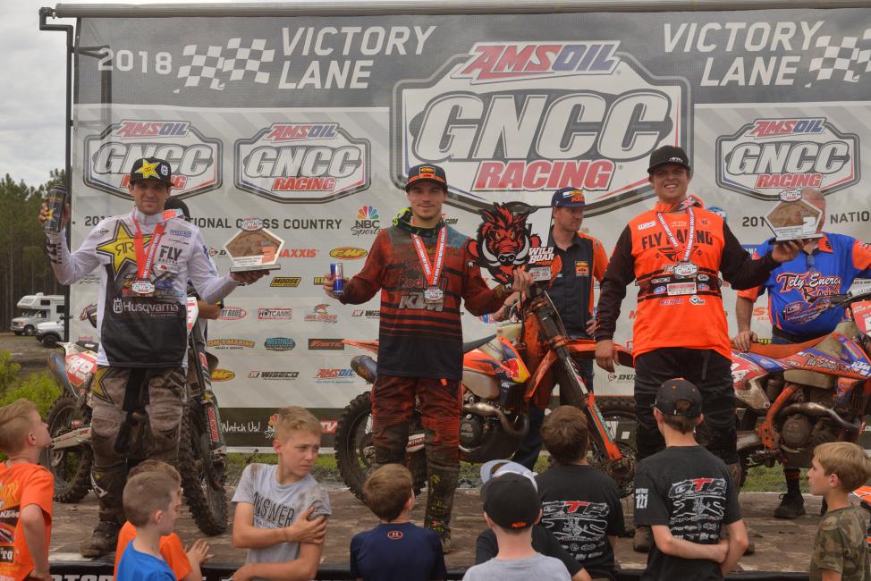 Kailub Russell (center), Steward Baylor (right) and Thad Duvall (left) rounded out the podium at the Moose Racing Wild Boar GNCC.