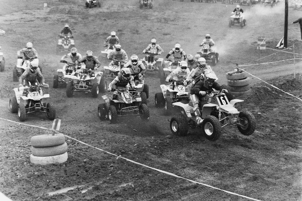 Start action from the 1991 Volunteer 100 GNCC in Greeneville, Tennessee. That's Steve Holbert (6) out front with Bob Sloan (2), Jason Brown (32), Ricky Joyce (27), Chuck Dellulo (1), Barry Hawk (17) and others in tow.