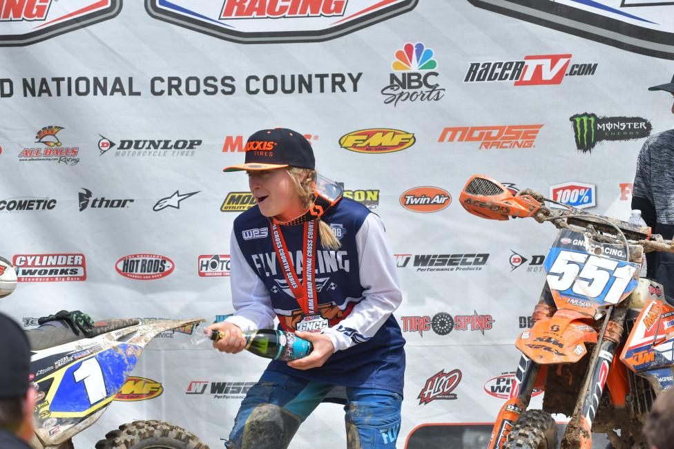 Becca celebrates her first win of 2018 at the FMF Steele Creek GNCC.