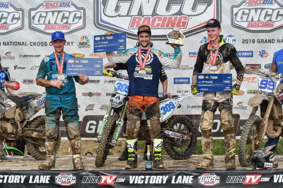 Alex Teagarden (center) earned the FMF XC3 125 Pro-Am holeshot and class win.