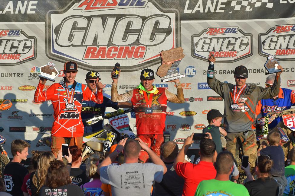 Thad Duvall (center), Steward Baylor Jr. (right) and Ben Kelley (left) made up the overall podium at the inaugural 2018 Rocky Mountain ATV/MC Mason-Dixon GNCC.