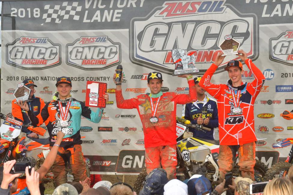 Powerline Park Overall Top Three: Thad Duvall (center), Kailub Russell (left) and Ben Kelley (right).