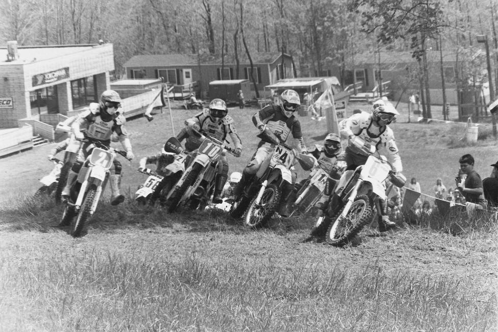 Here's some start action from the 1990 Winterplace GNCC. That's Ed Lojak (2N), Jeff Russell (10N), Scott Plessinger (1N) and Mark Hyde (6N)