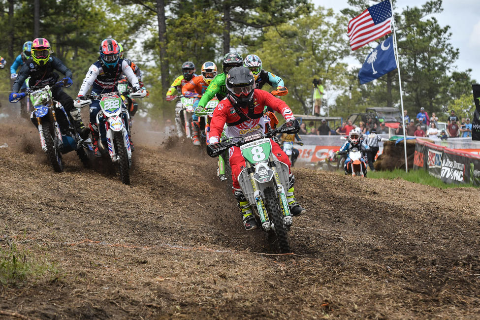 Delong jumped out to the early lead at the Camp Coker GNCC, earning himself a holeshot award in 2018. 
