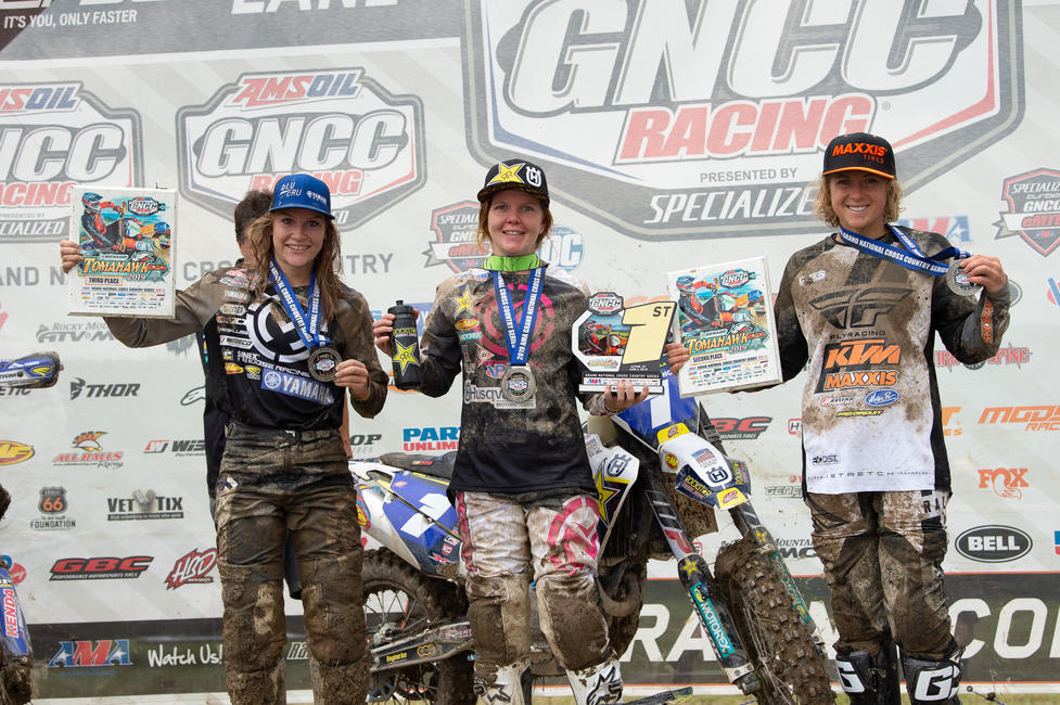 Tayla Jones (center), Becca Sheets (right) and Rachael Archer (left) rounded out the New York GNCC WXC bike podium.