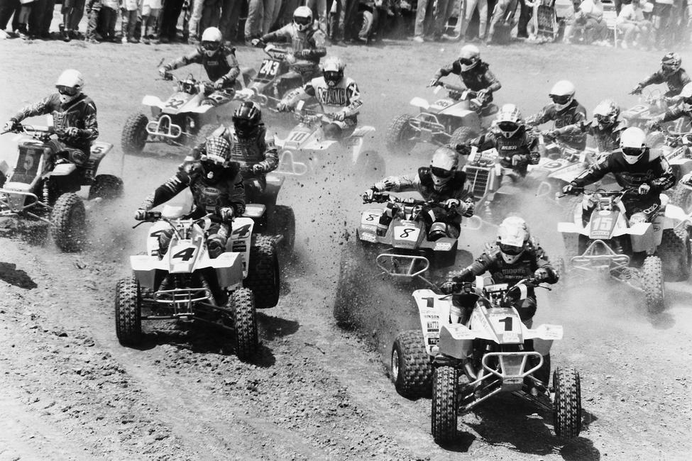 Last but not least, here's a Pro ATV start from 1996. Riders include Kim Kuhnle (5), Mike Krachun (4), Bill Ballance (8), Barry Hawk (1), Chris Gillette (15), William Yokley (9), Doug Whitmer (10), Johnny Gallagher (32), and Steve Holbert (2)