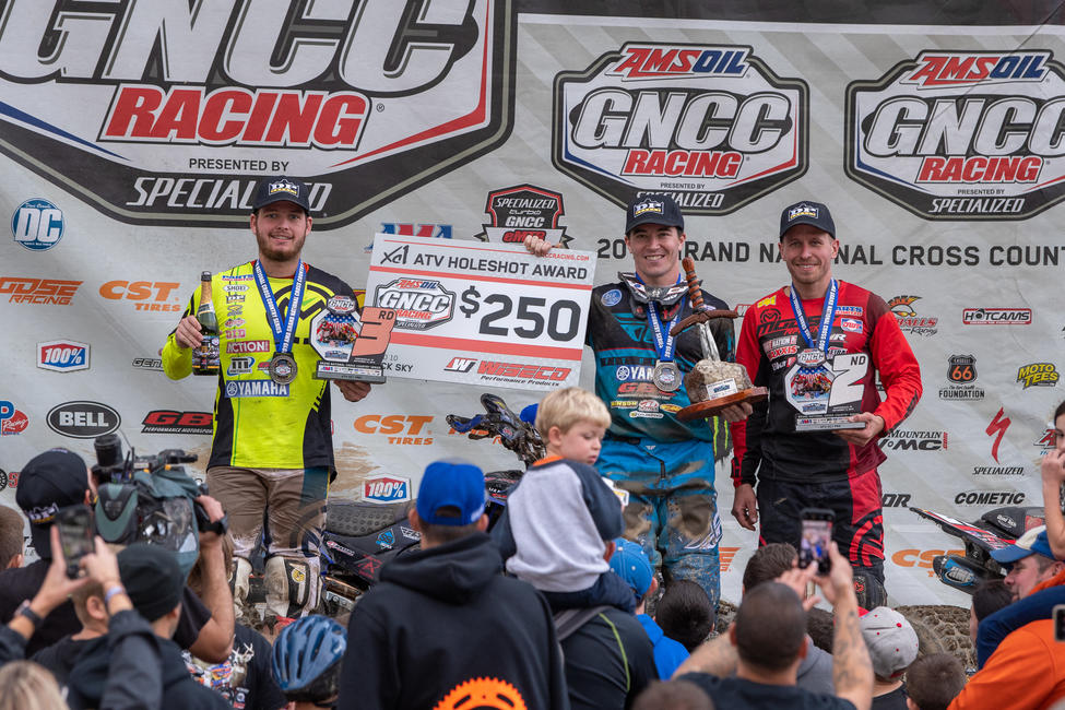 Walker Fowler (center), Jarrod McClure (right), and Cole Richardson (left) rounded out the Parts Unlimited Black Sky GNCC ATV Overall podium. 