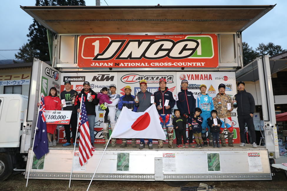 Strang, Delong and the rest of the JNCC top 10 competitors on the podium at the AAGP Season Finale in Nagano, Japan.