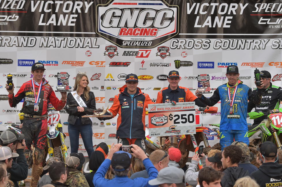Kailub Russell (center), Ricky Russell (left) and Josh Strang (right) rounded out the VP Racing Fuels Big Buck GNCC top three overall.