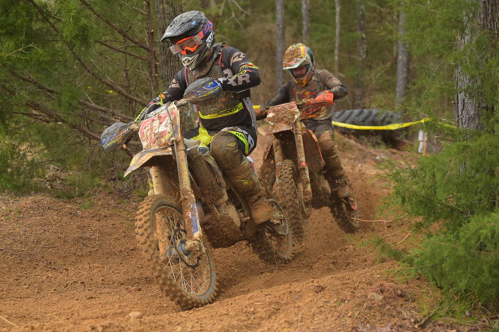 FactoryONE Sherco's Steward Baylor battling with KTM's Kailub Russell at round 3 in Georgia.