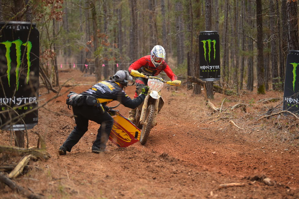 Ricky Russell getting some encouragement from Coastal Racing's team manager, Barry Hawk.