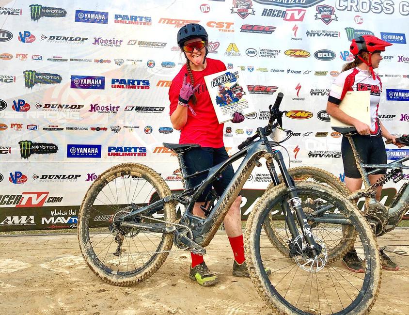 Emily on the podium at GNCC after finishing second in the Women's eMTB class at the 2020 General GNCC. 
