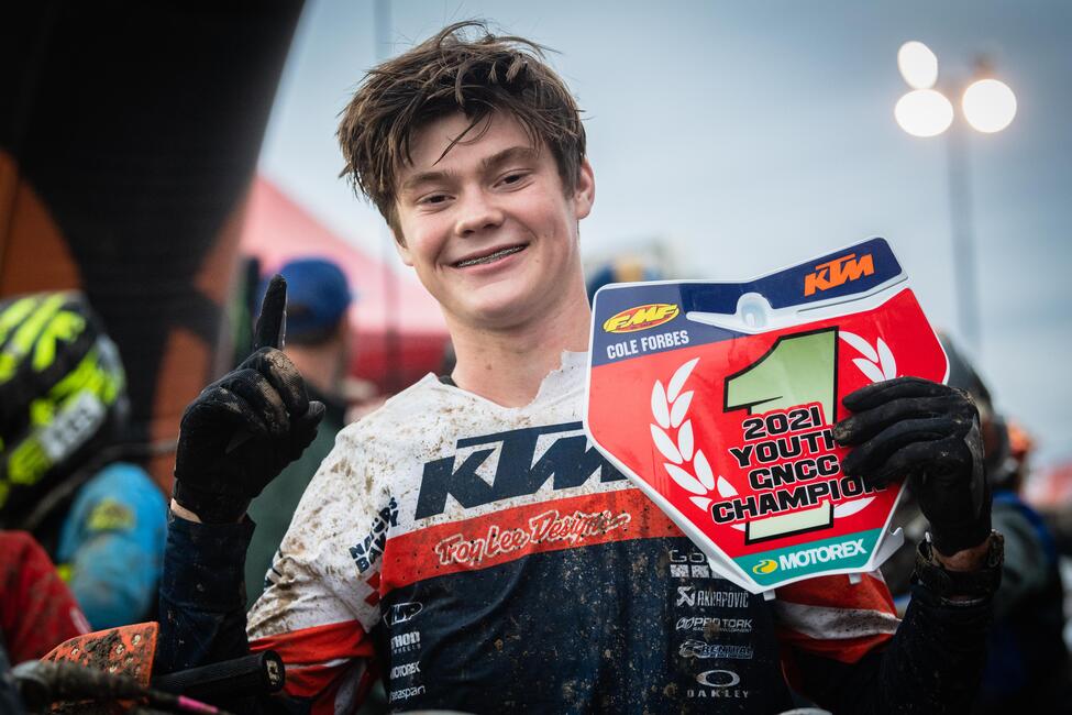 Cole Forbes earned his 11th youth bike overall win, sealing the deal on his 2021 Youth Bike GNCC Overall Championship. Photo: Mack Faint