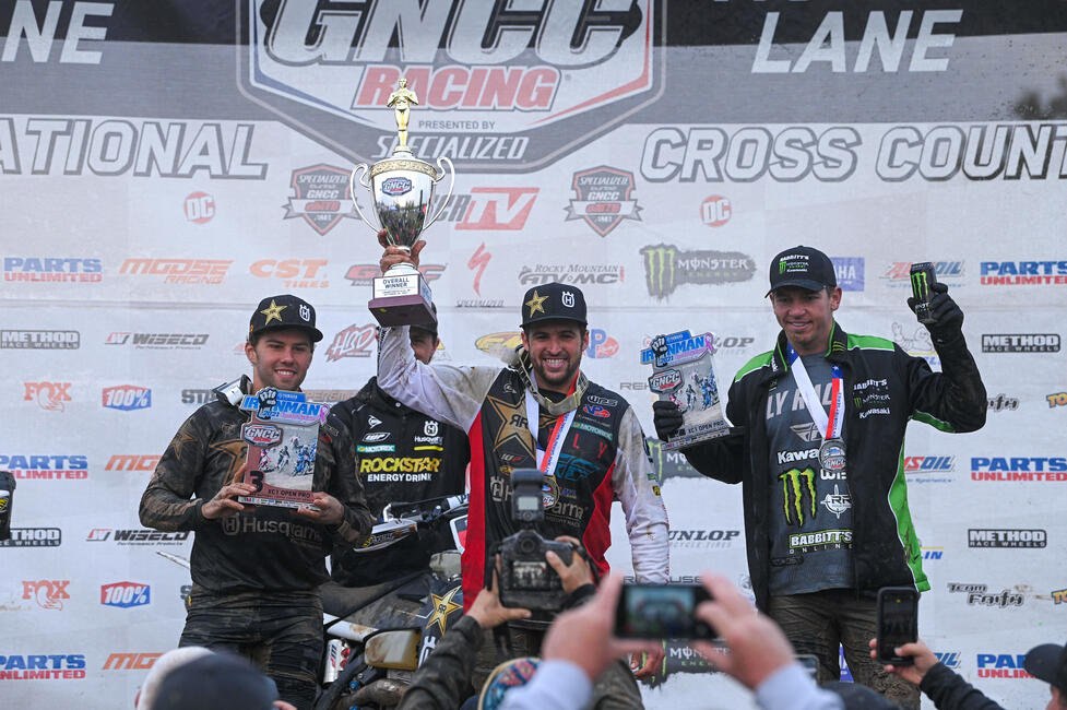 Thad Duvall (center), Josh Strang (right) and Craig DeLong (left) rounded out the XC1 Pro top three finishers at the Yamaha Racing Ironman GNCC. Photo: Ken Hill