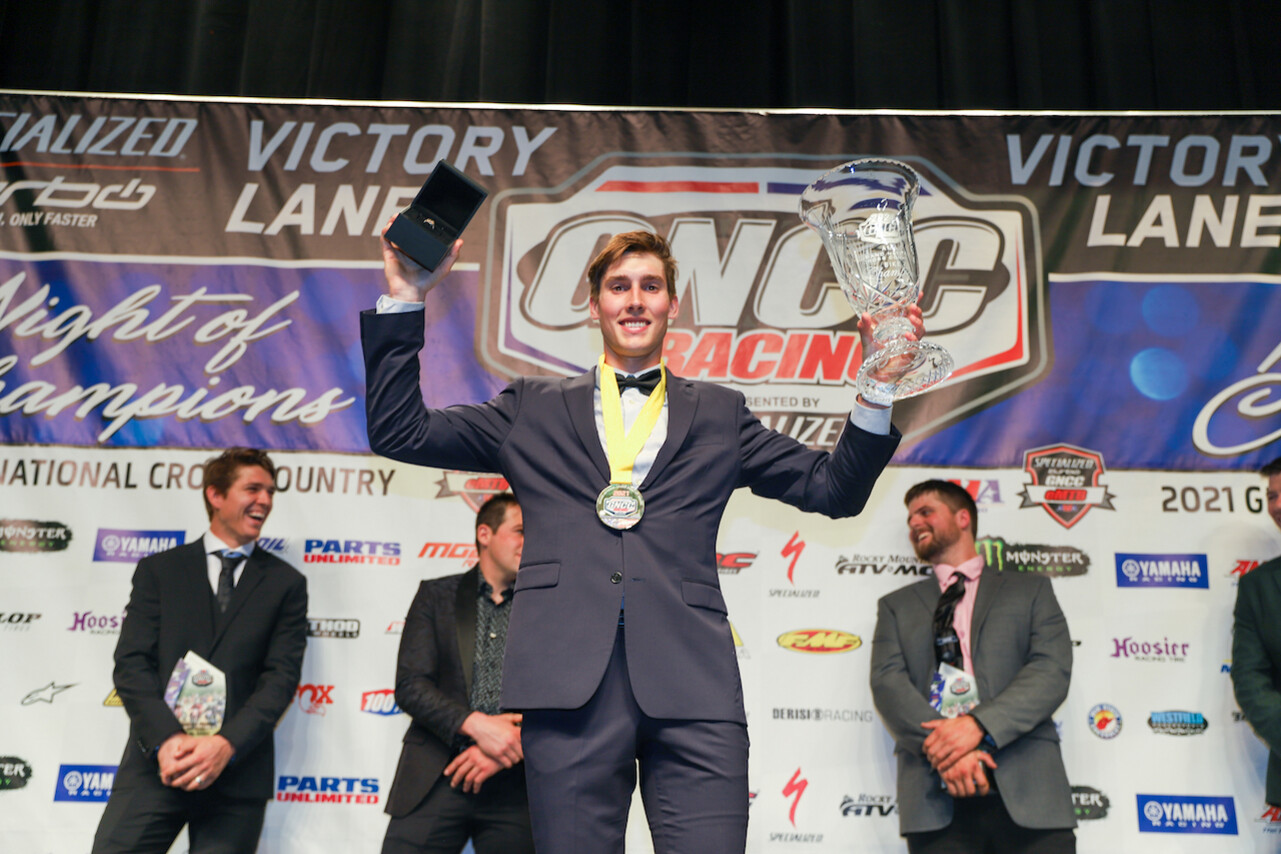 Ben Kelley claiming his first-ever GNCC National Championship award and ring.
