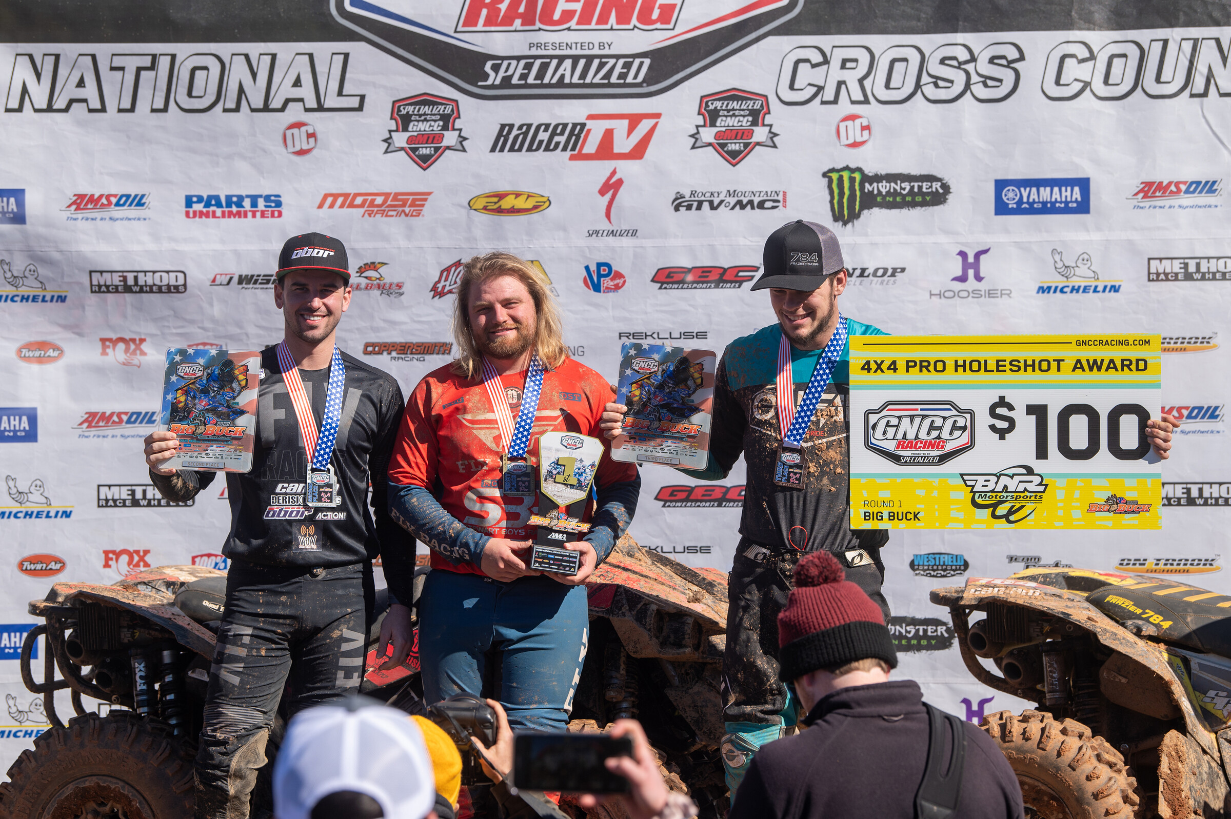 Haedyn Mickelson (center) with Landon Wolfe (left) and Brandon Frazier (right) rounding out the 4x4 Pro top three at the Big Buck GNCC.