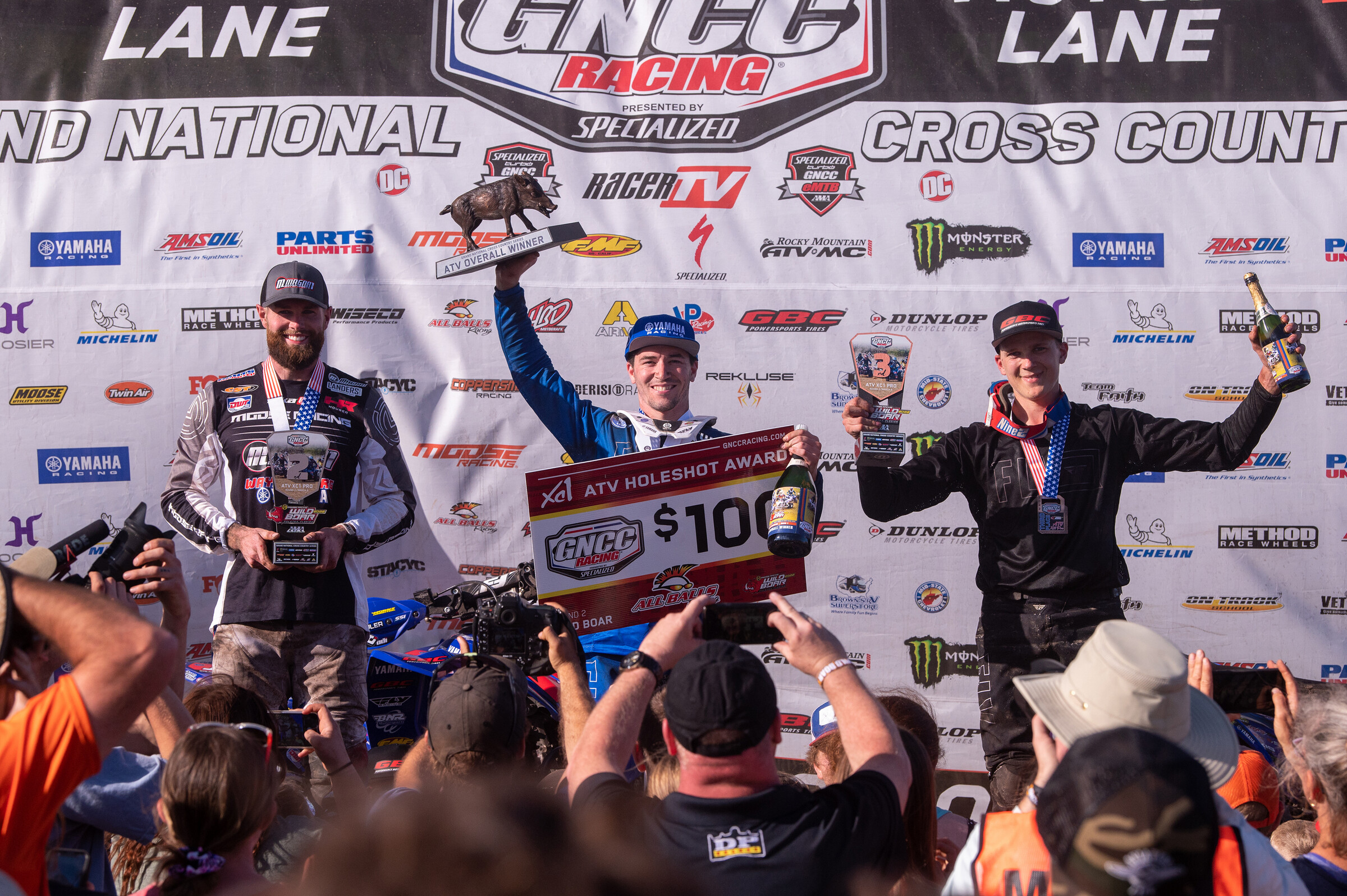 Walker Fowler (center), Brycen Neal (left) and Devon Feehan (right) earned the top three overall spots at the 2022 Moose Racing Wild Boar.