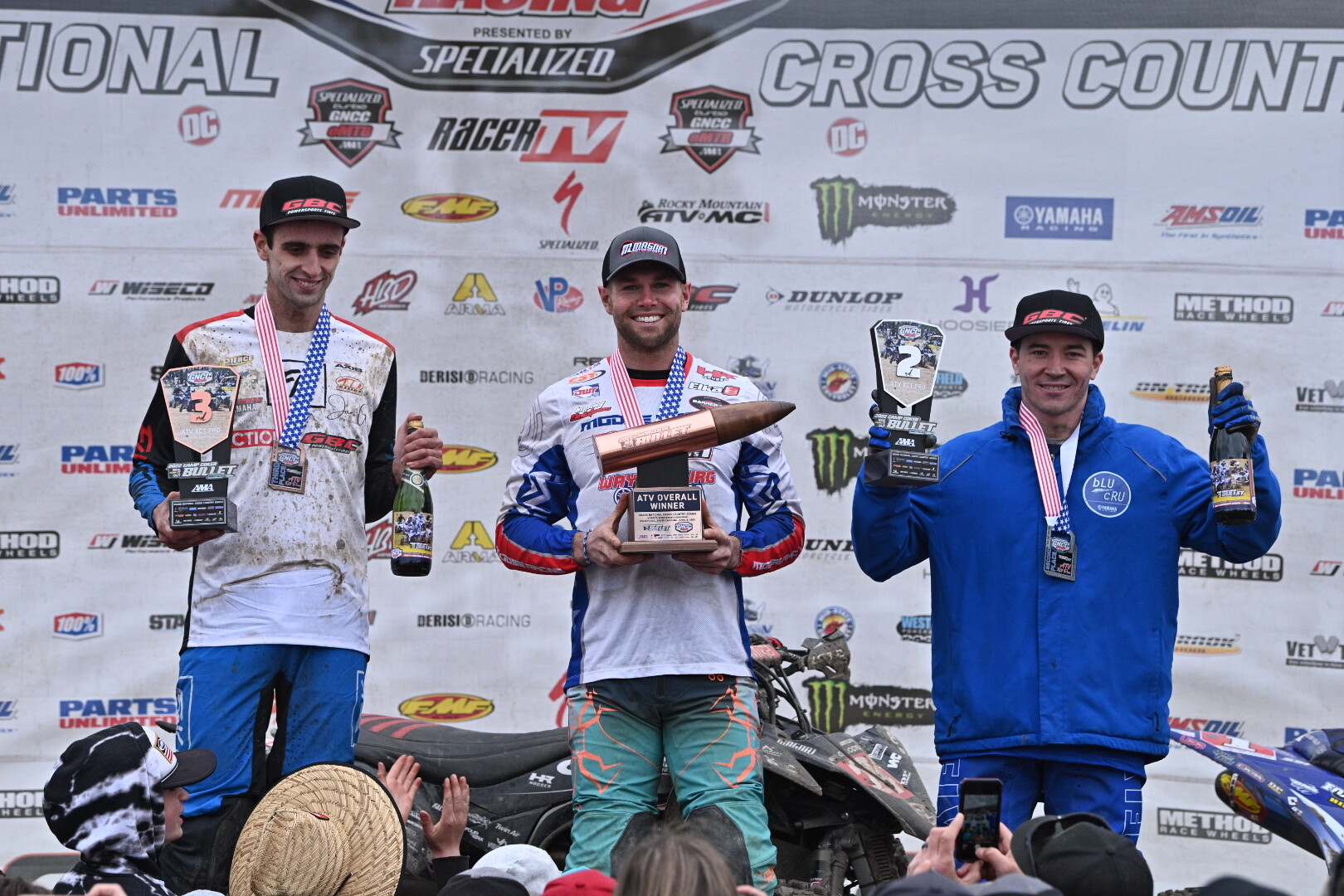 Brycen Neal (center), Walker Fowler (right) and John Glauda Jr. (left) rounded out the top three FMF Camp Coker Bullet GNCC finishers.