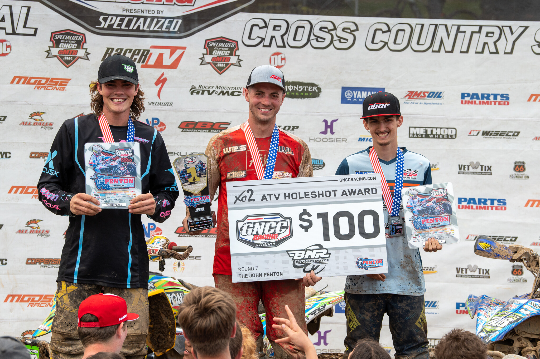 Jay Shadron (center) kept his win streak alive. Branden Owens (right) and Wyatt Wilkin (left) came through to finish second and third in the XC2 Pro-Am class.