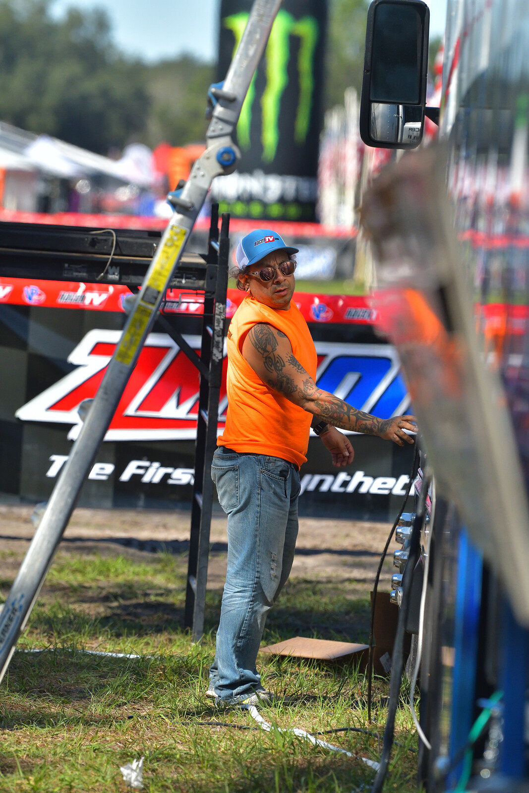 Dan Reinhart onsite setting up the RacerTV truck.