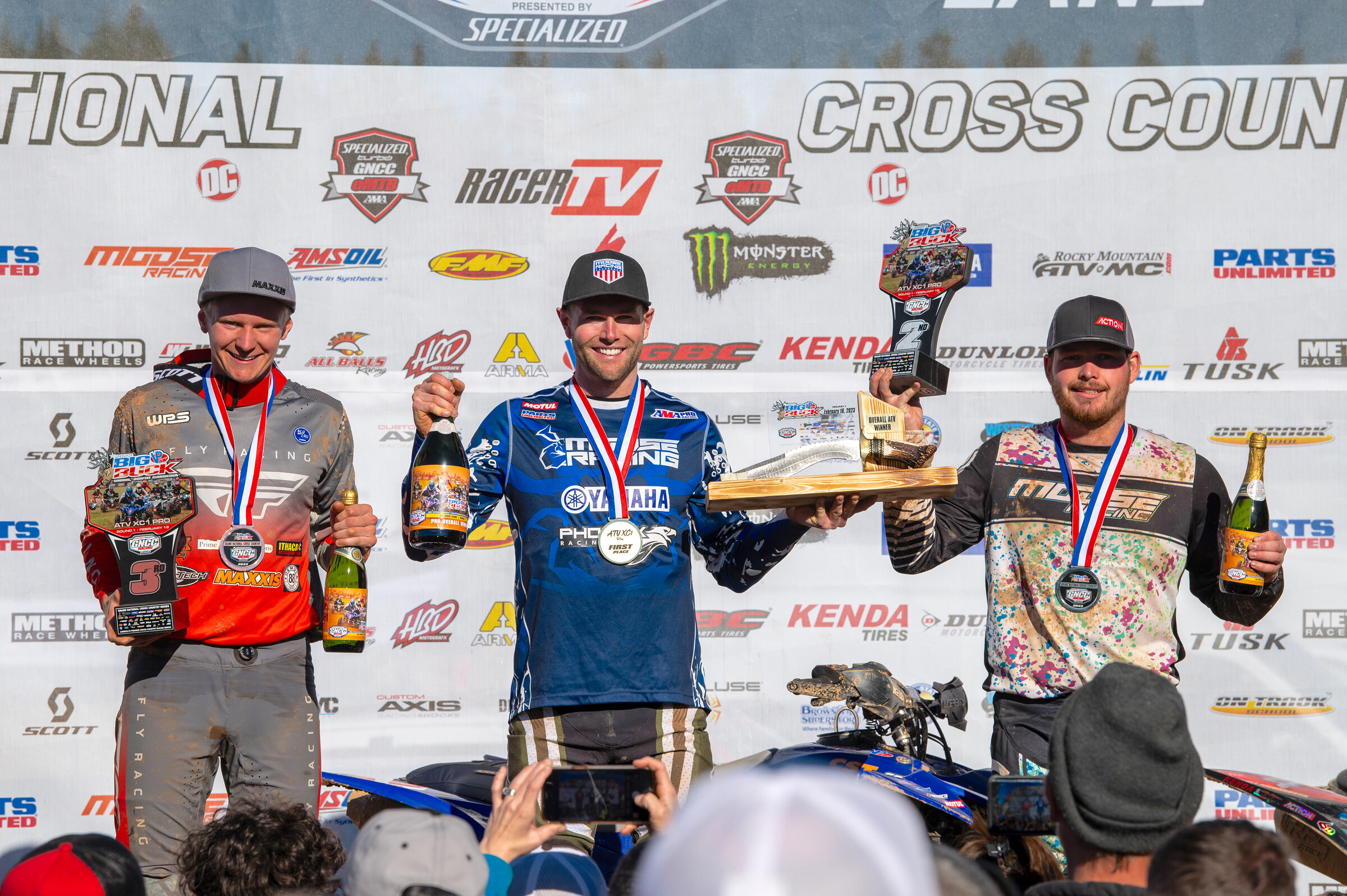 Brycen Neal (center), Cole Richardson (right) and Hunter Hart (left) rounded out the top three overall finishers at the 2023 VP Racing Fuels Big Buck GNCC.