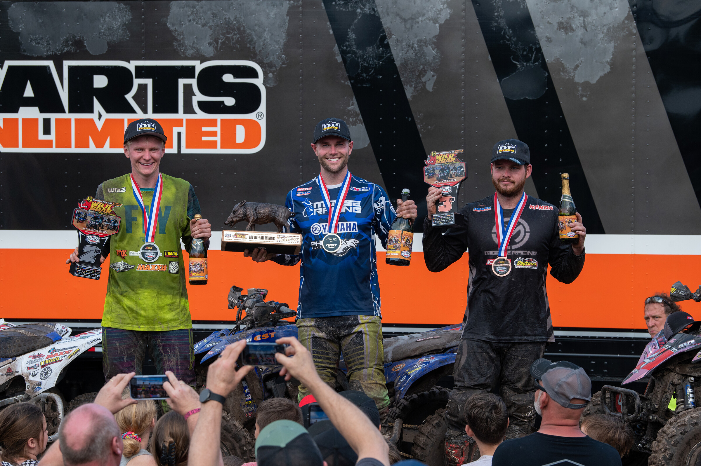 Brycen Neal (center), Hunter Hart (left) and Cole Richardson (right) rounded out the top three Moose Racing Wild Boar GNCC finishers.