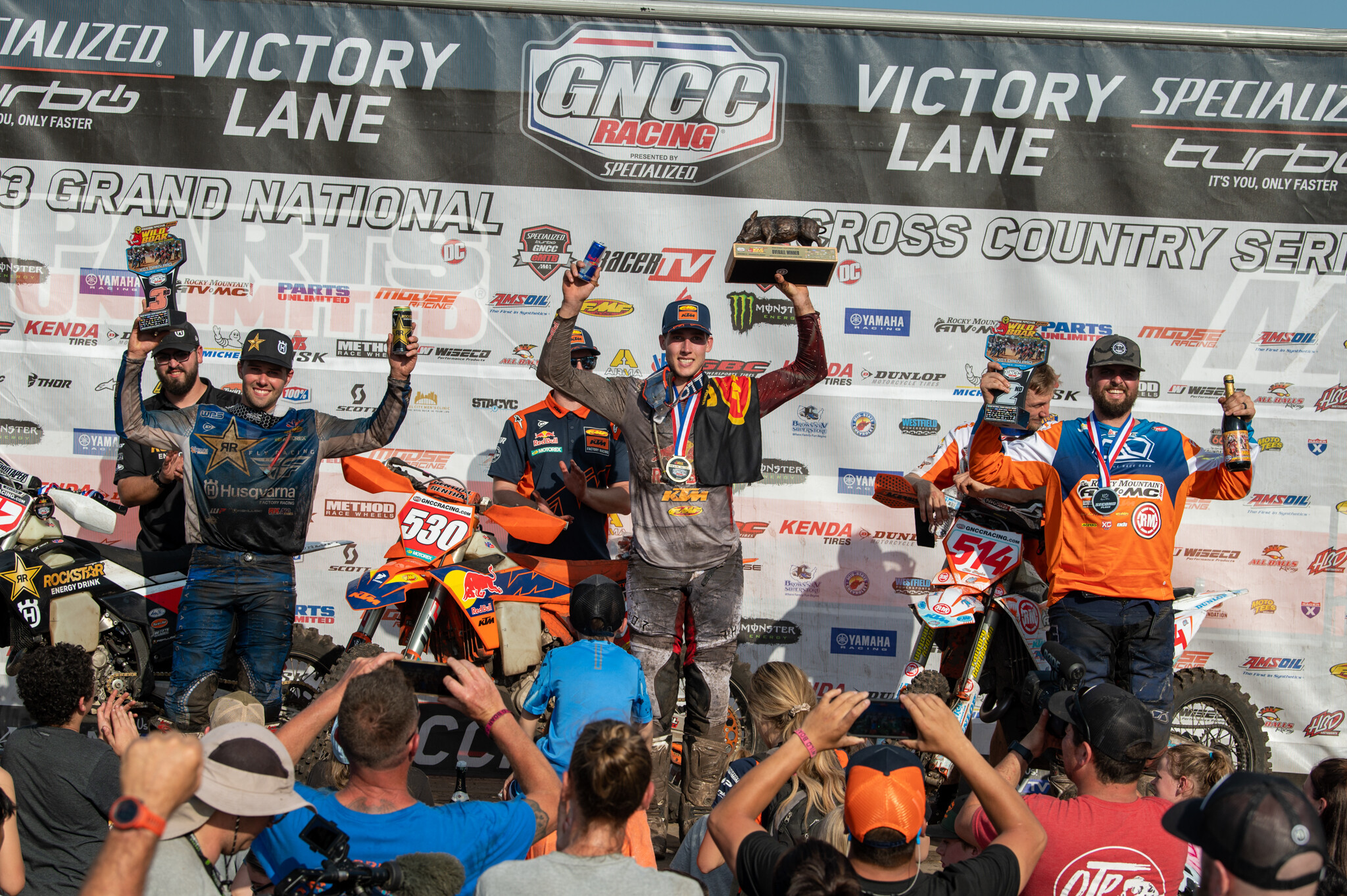 Ben Kelley (center), Steward Baylor (right) and Craig DeLong (left) rounded out the 2023 Moose Racing Wild Boar GNCC top three.