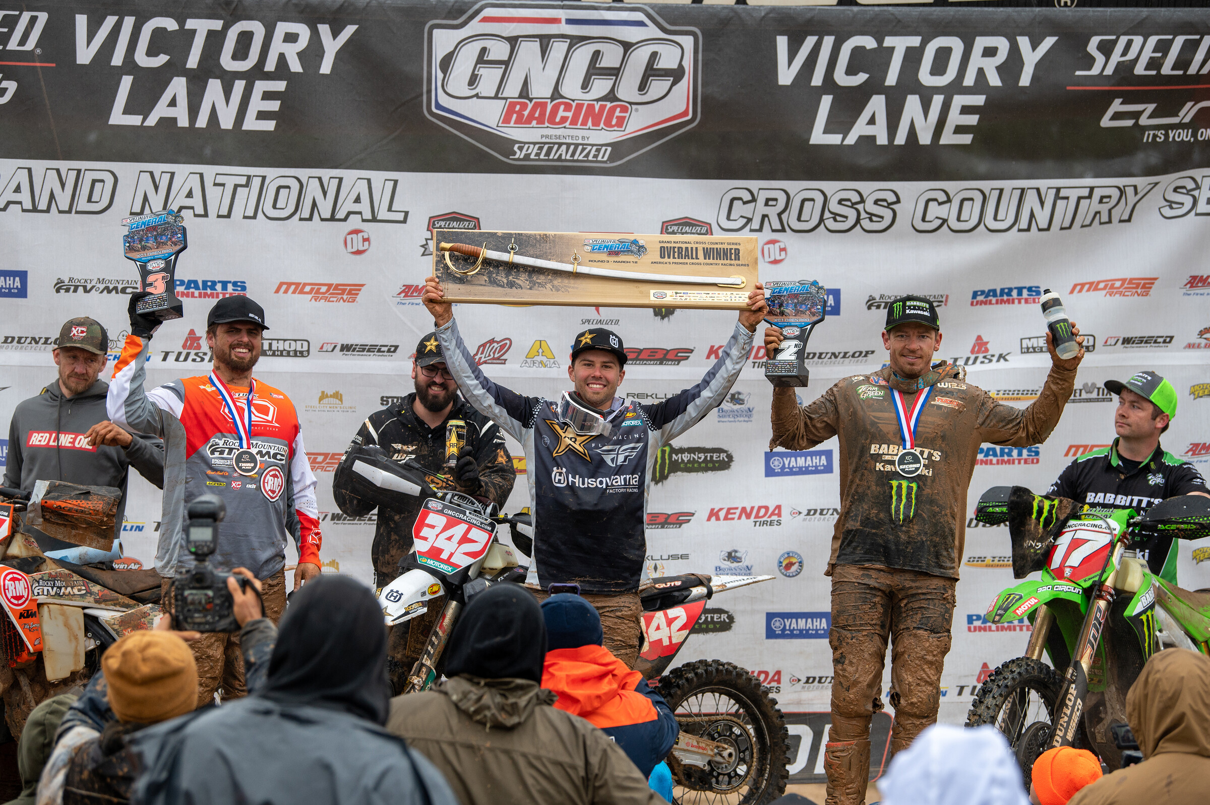 Craig DeLong (center), Josh Strang (right) and Steward Baylor (left) rounded out the top three overall at The Specialized General GNCC.
