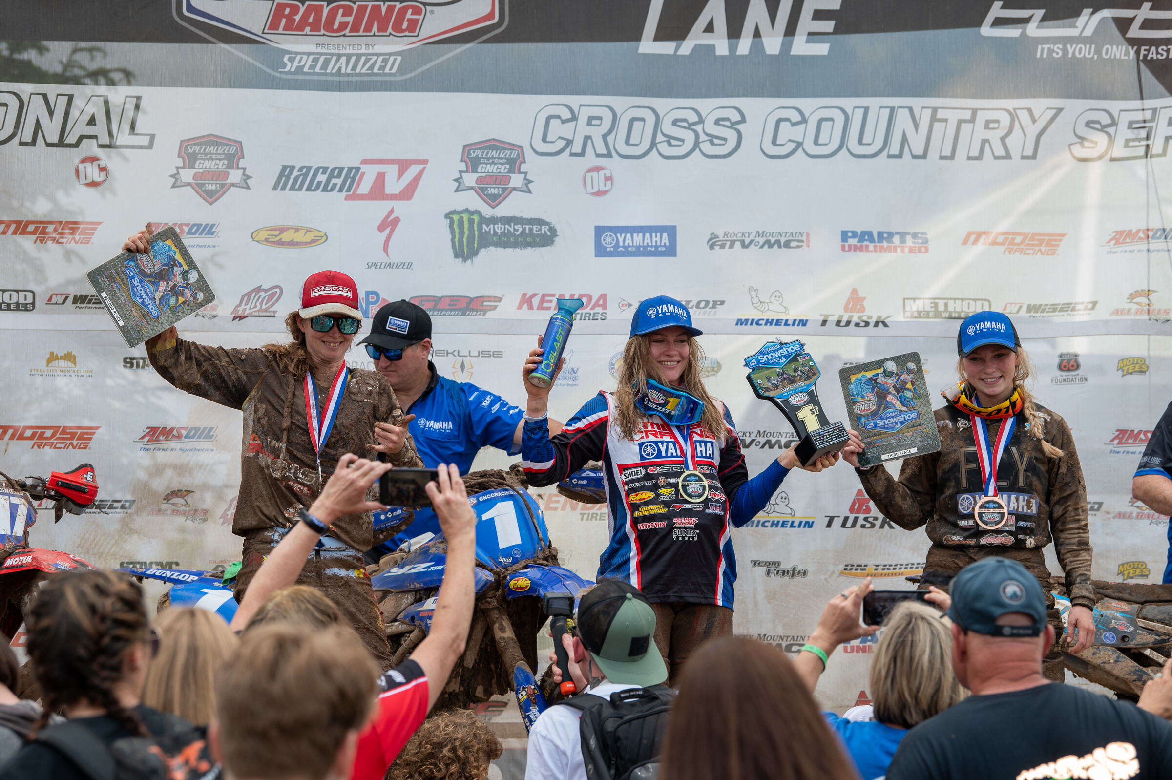 Rachael Archer (center), Rachel Gutish (left) and Prestin Raines (right) rounded out the top three WXC motorcycle finishers.