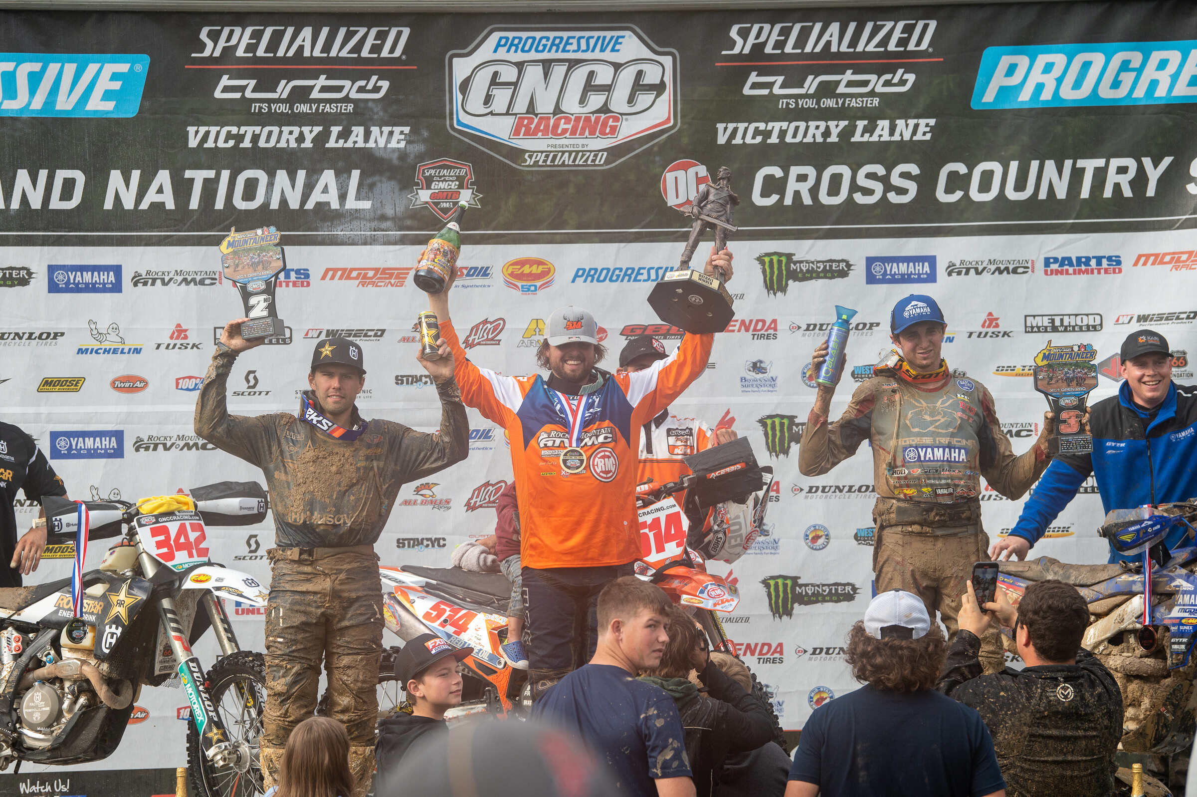 Steward Baylor (center), Craig Delong (left) and Ricky Russell (right) rounded out the top three finishers at The Rocky Mountain ATV/MC Mountaineer GNCC.