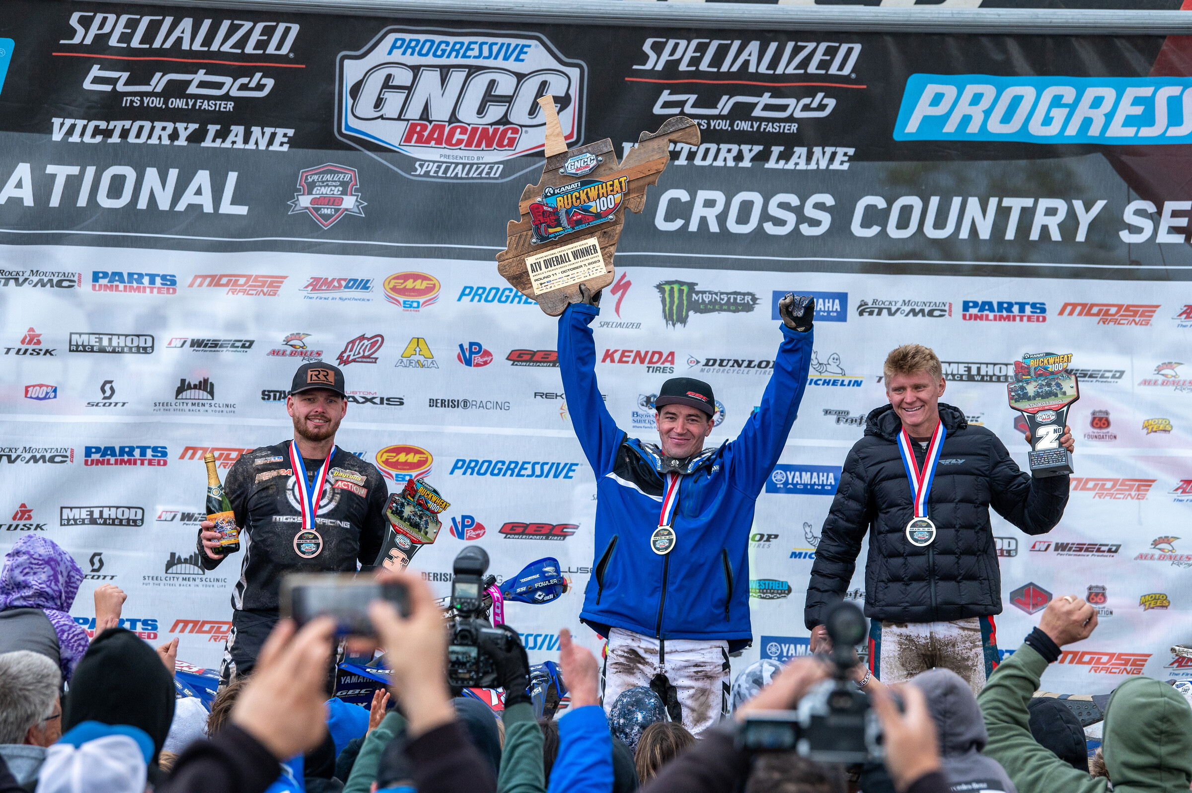 Walker Fowler (center), Hunter Hart (right) and Cole Richardson (left) rounded out the top three Kanati Tires Buckwheat 100 overall finishers.