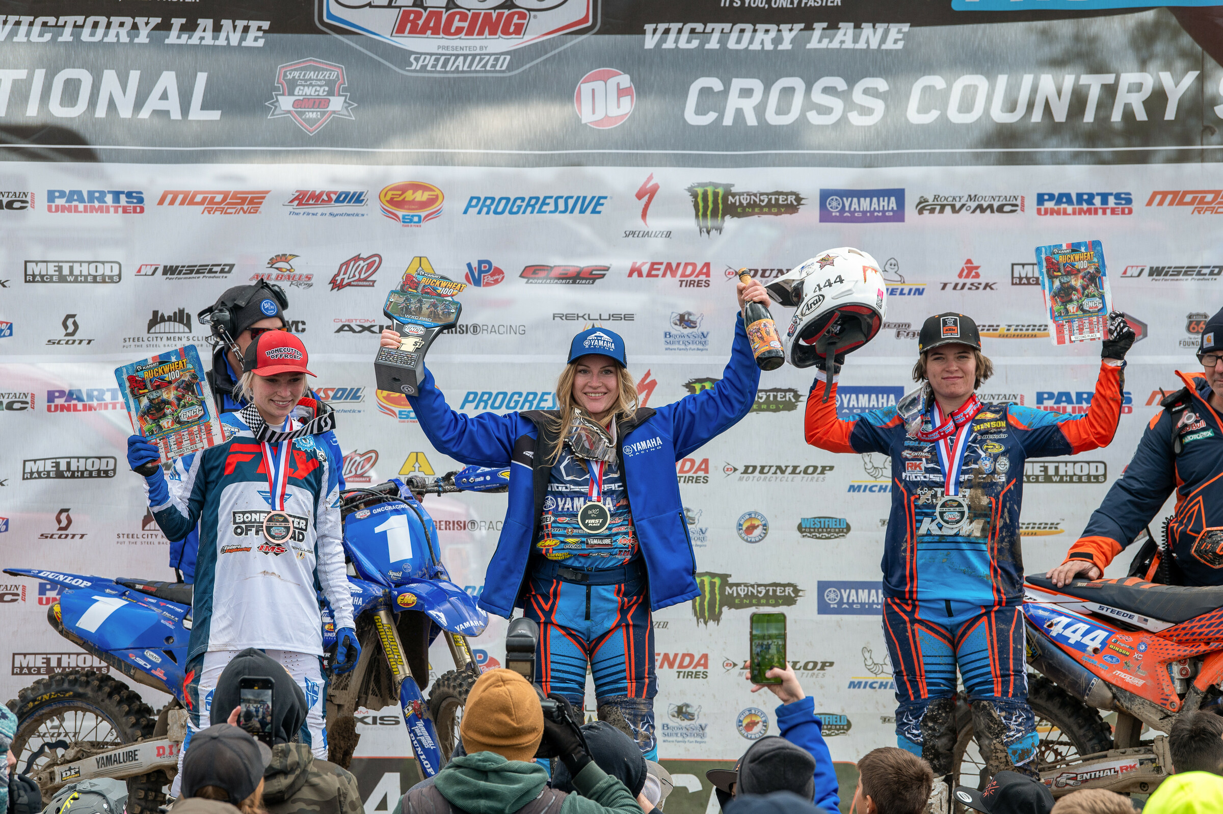 Rachael Archer (center), Korie Steede (right) and Prestin Raines (left) rounded out the top three WXC finishers at the Kanati Tires Buckwheat 100.