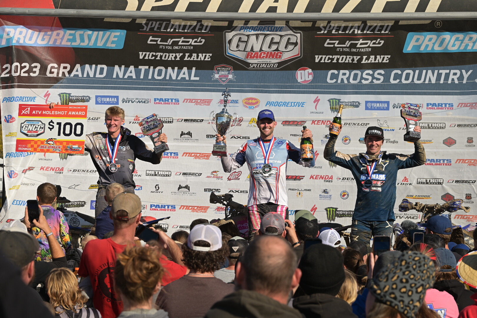 Brycen Neal (center), Walker Fowler (right) and Hunter Hart (left) rounded out the top three overall finishers at the 2023 Yamaha Racing Ironman GNCC.