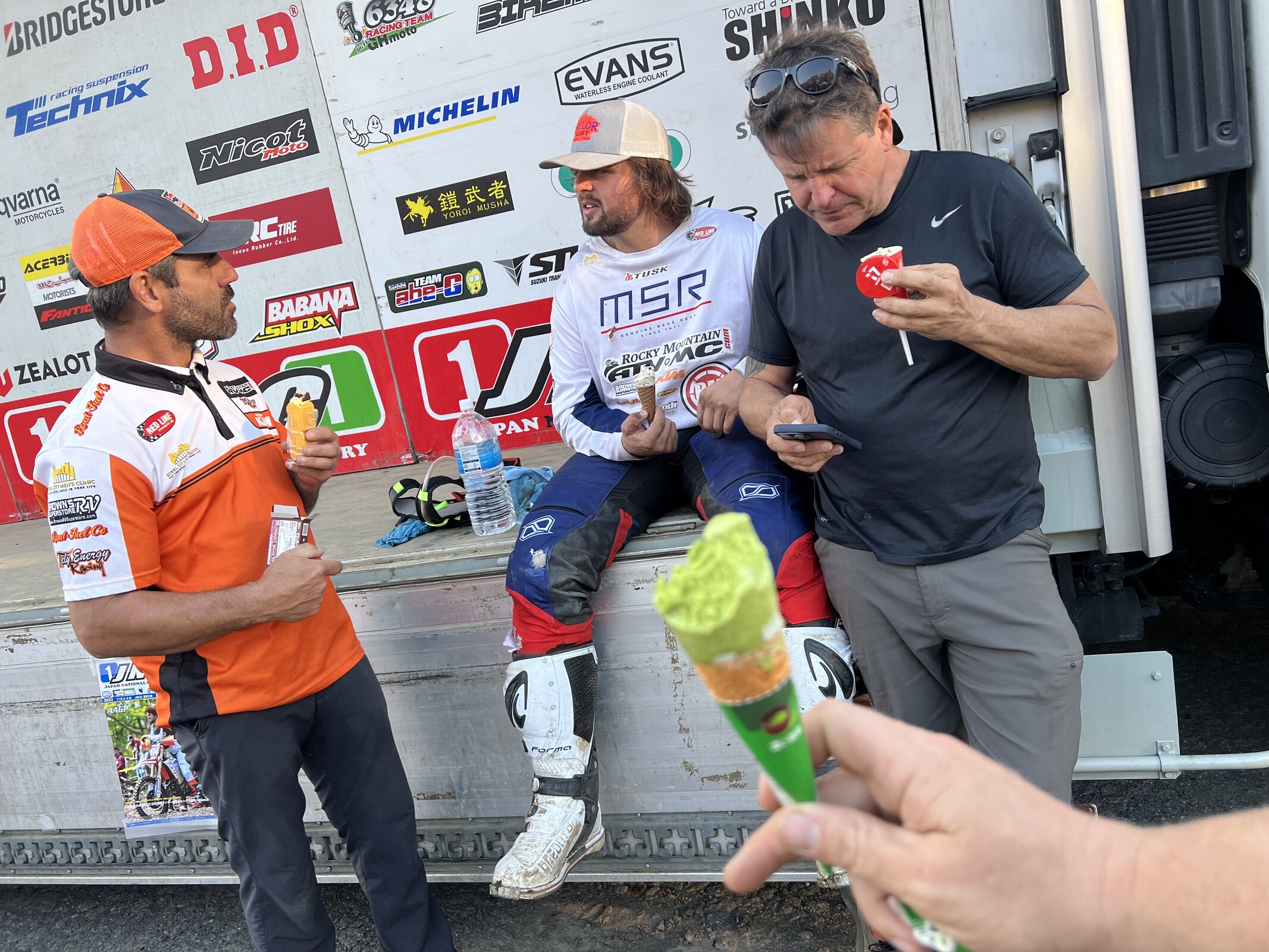 As is a Baylor tradition, we had some post-race ice cream courtesy of Basist Auto KTM. After my AM race, I had the cookies and cream one Stu is eating and all that was left for the PM was this Green Tea flavor... and it was pretty good!
