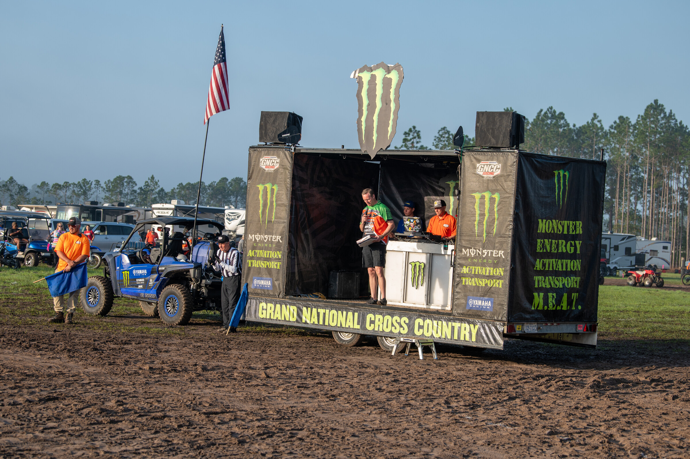 DJ Judd on the Monster Energy Activation Transport at the GNCC Starting Line.