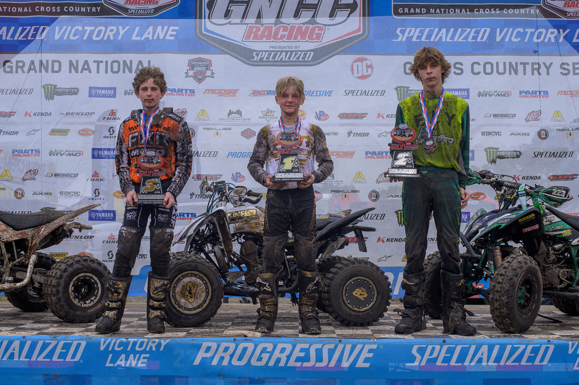 Noah Lykins (center) earned the ATV Youth overall win, while Clayton Correnti (right) and Bodie Buckhannon (left) rounded out the top three overall finishers.
