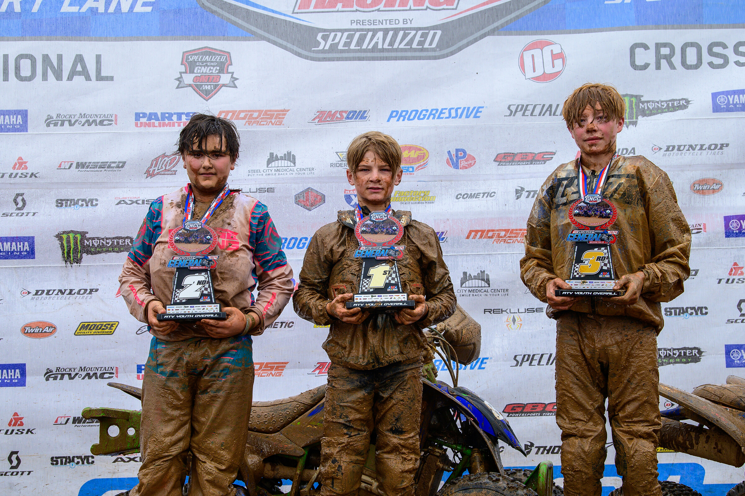 Noah Lykins (center) earned the ATV Youth overall win with Kole Brandt (left) and Garret Cox (right) rounding out the top three youth ATV finishers.