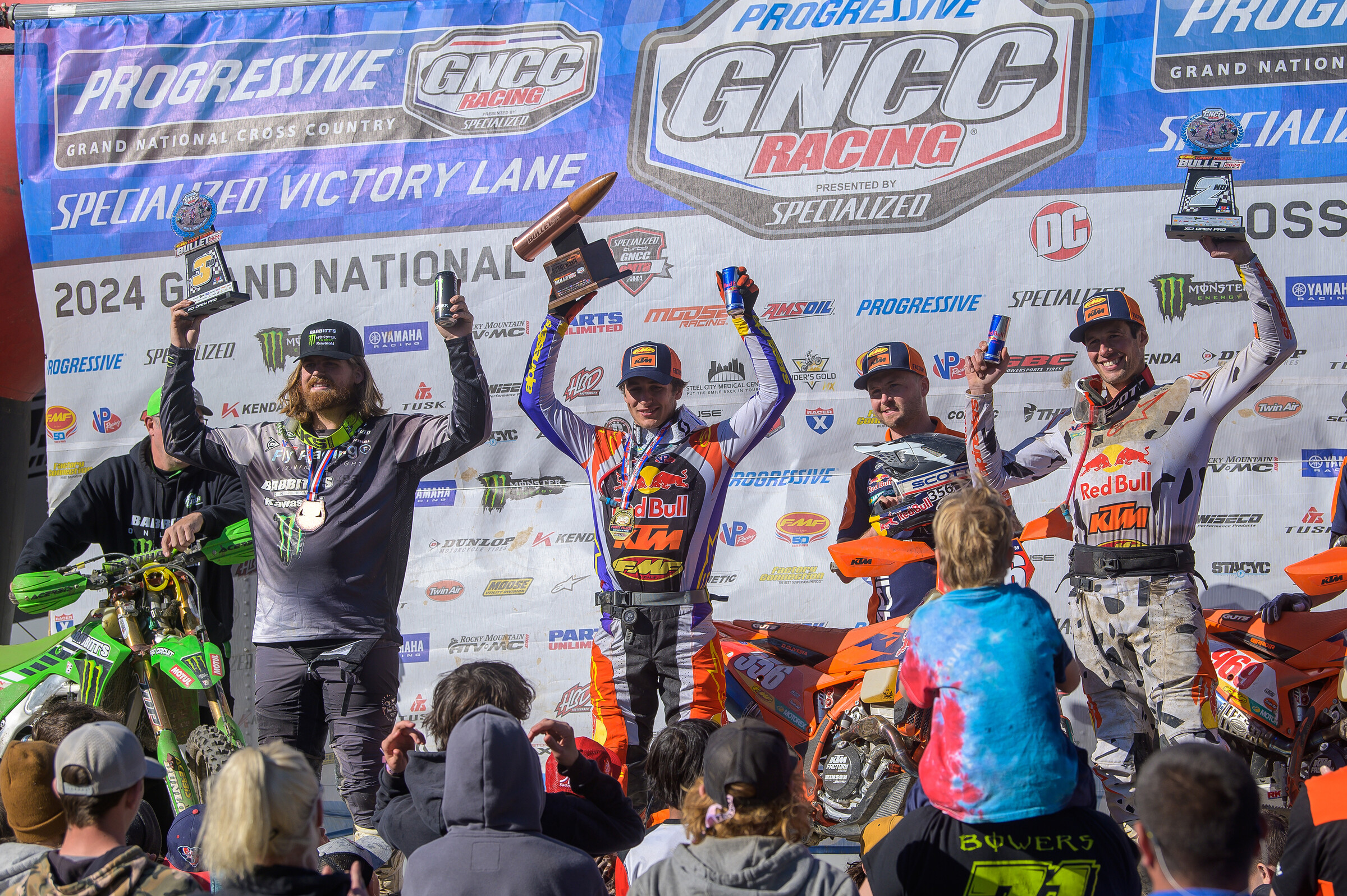 FMF Camp Coker Bullet GNCC Top Three: Dante Oliveira (center), Johnny Girroir (right) and Grant Baylor (left).