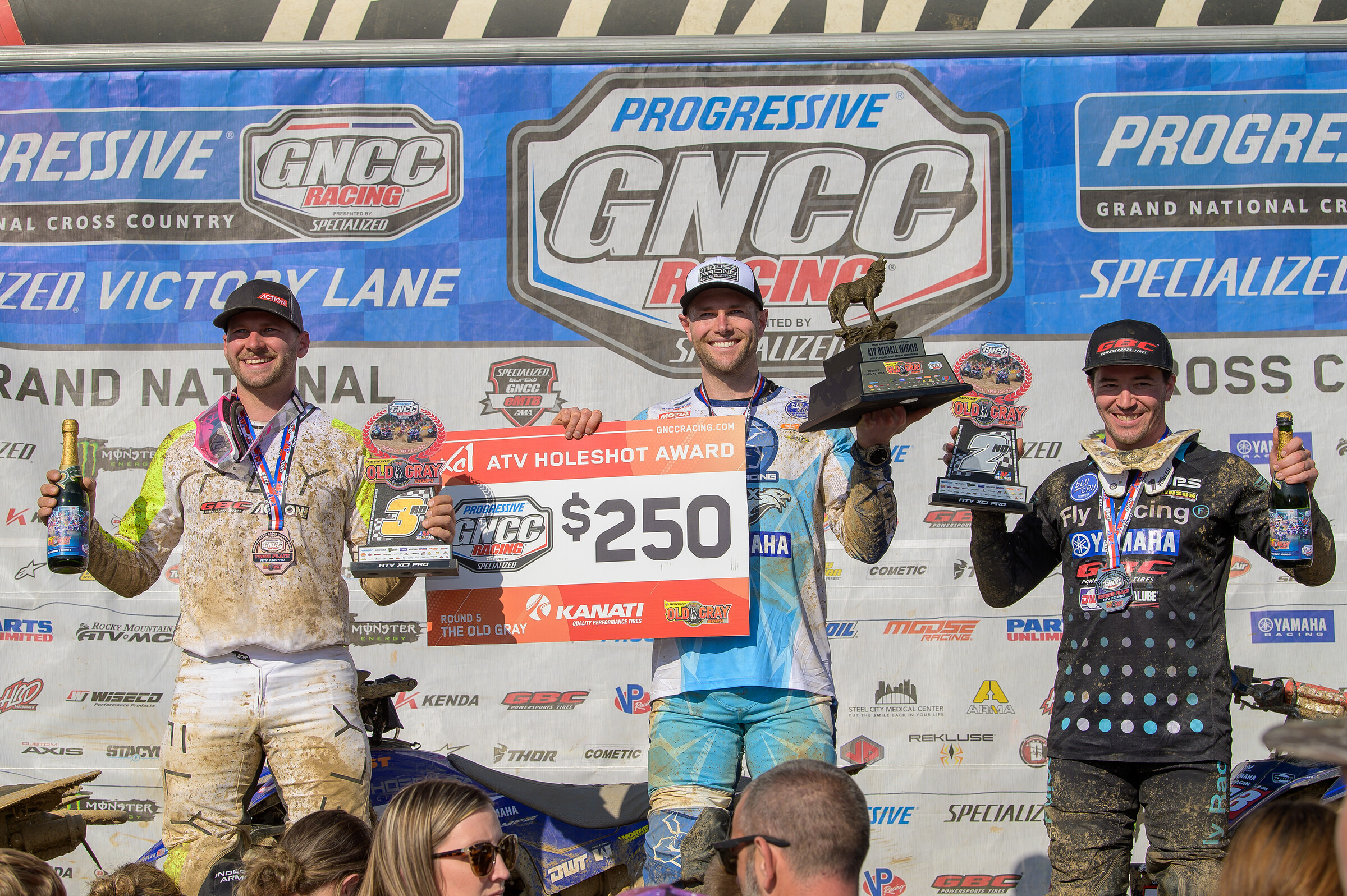 The Dunlop Motorcycle Tires Old Gray GNCC Top Three: Brycen Neal (center), Walker Fowler (right) and Josh Merritt (left).