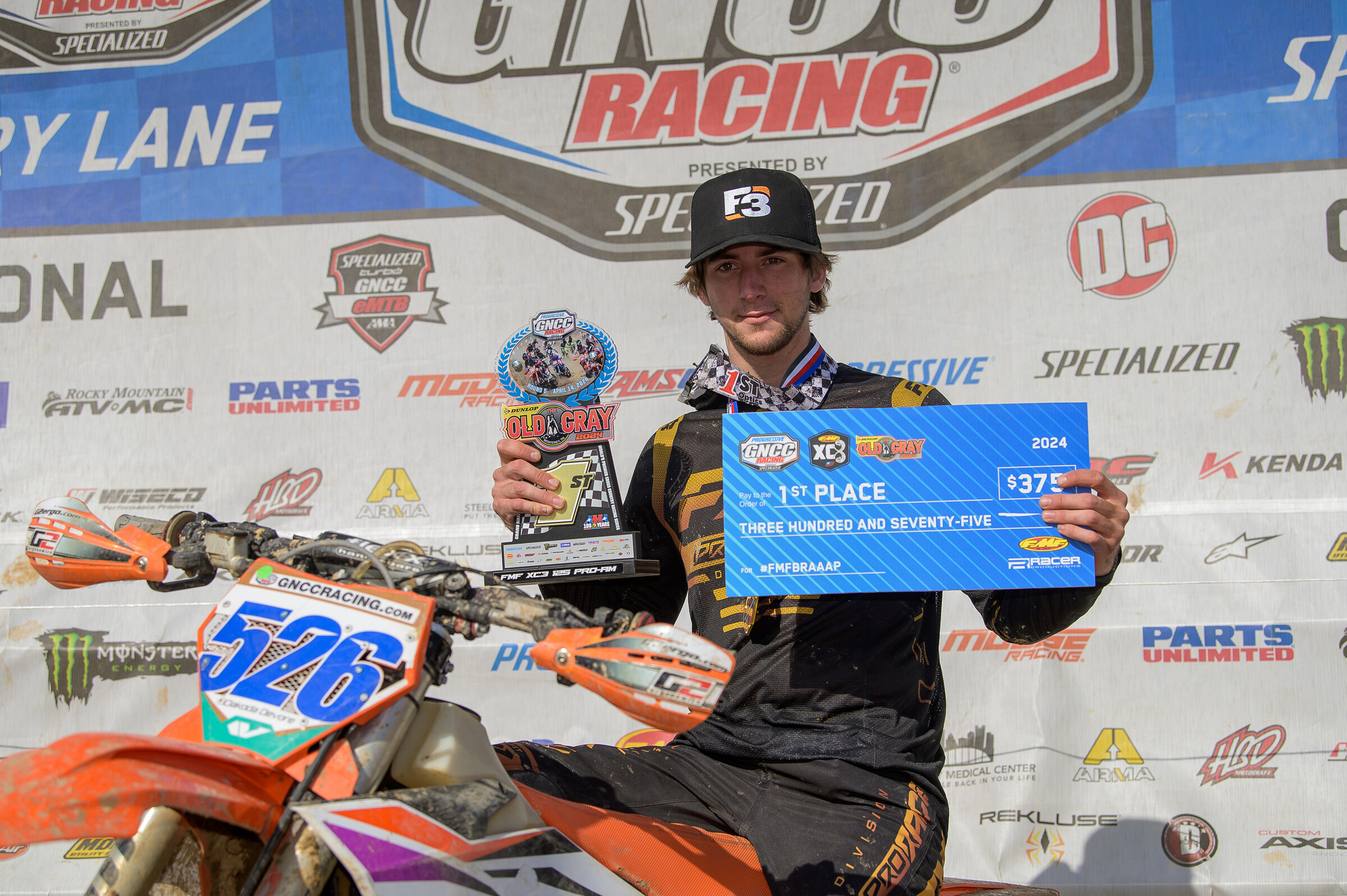 Dakoda Devore (Devore Racing/KTM/FXR/SRS Suspension) battled back to earn the FMF XC3 125 Pro-Am class win.