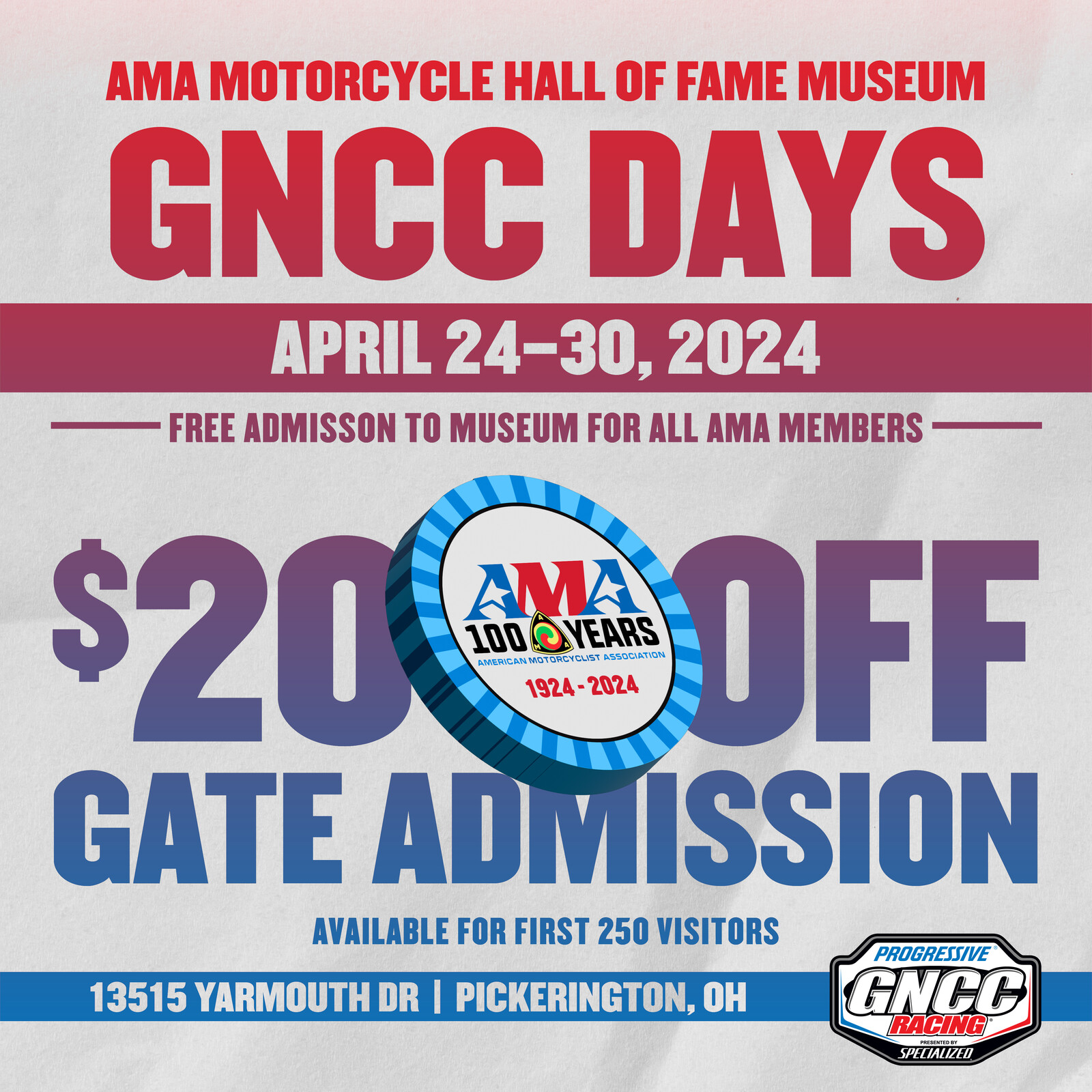 GNCC Days at the AMA Motorcycle Hall of Fame April 24-30, 2024.