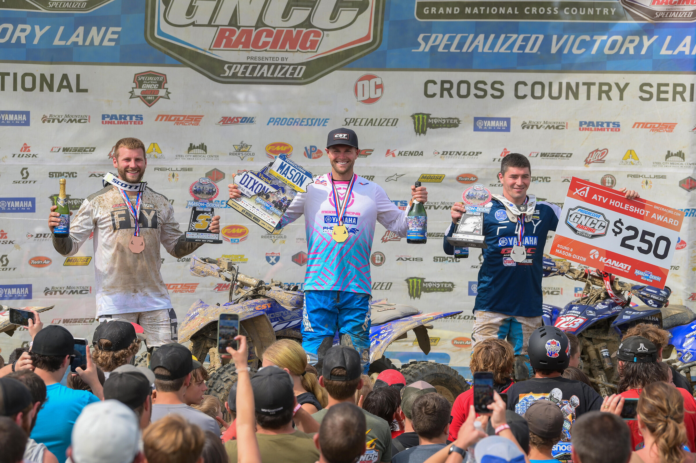 Parts Unlimited Mason-Dixon GNCC Top Three Overall: Brycen Neal (center), Walker Fowler (right) and Josh Merritt (left).