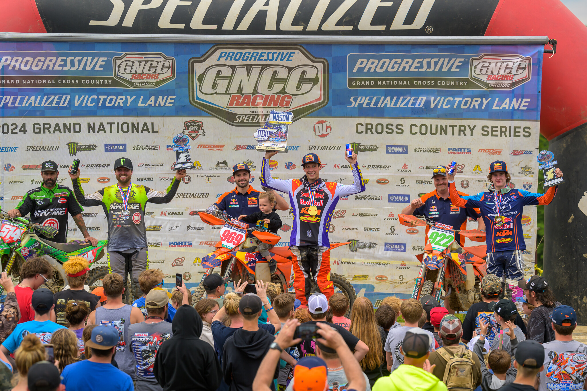 Parts Unlimited Mason-Dixon GNCC Top Three Overall: Johnny Girroir (center), Steward Baylor (left) and Grant Davis (right).