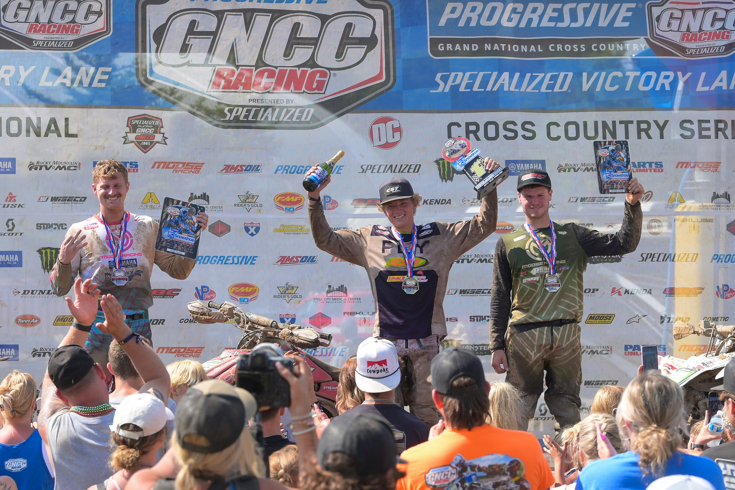 Braxton Grosse (center) earned the XC2 Pro-Am class win. Alex Thieman (right) and Grayson Eller (left) rounded out the XC2 podium at round nine.