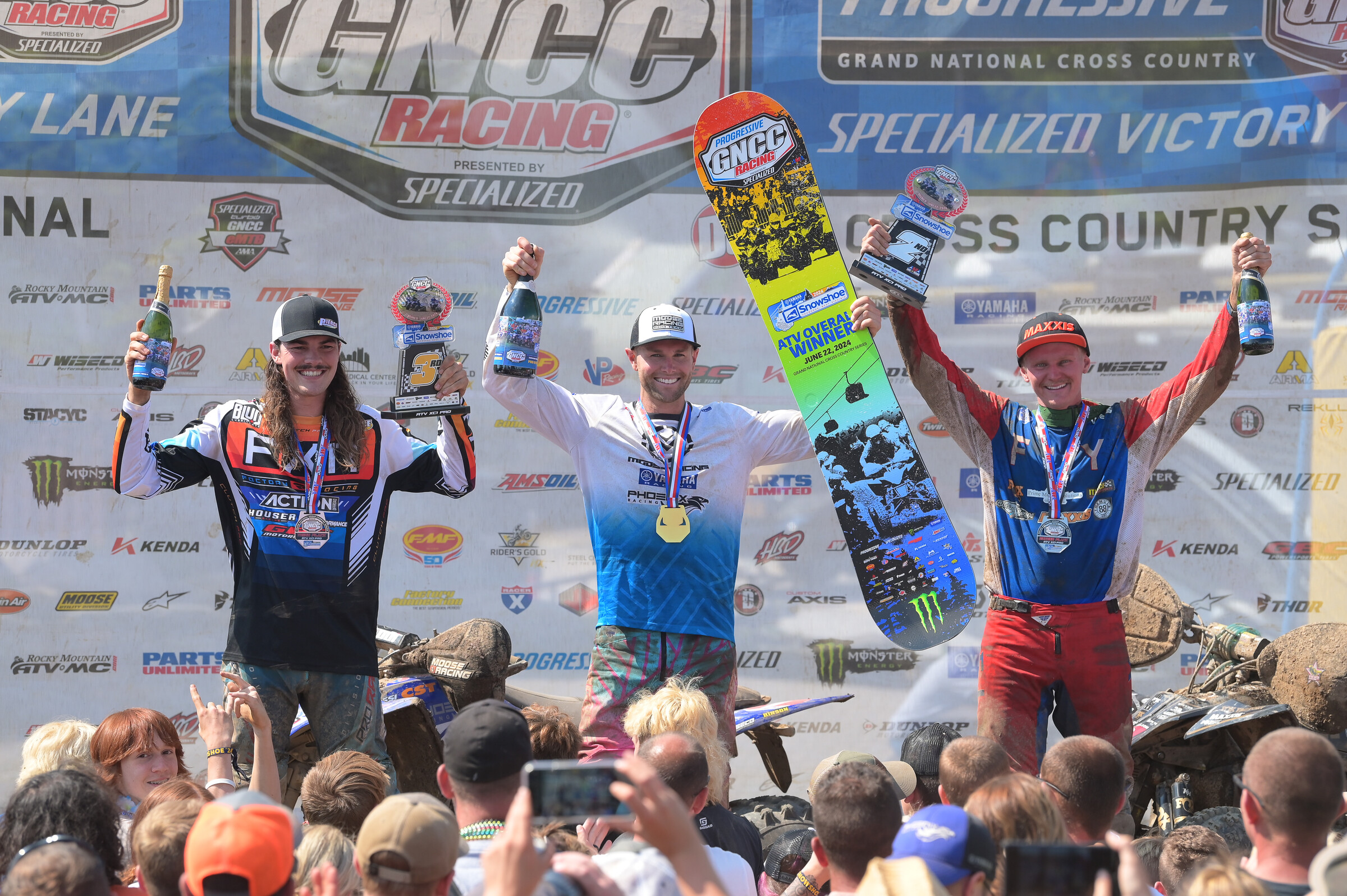 Yamaha Racing Snowshoe GNCC Top Three Overall: Brycen Neal (center), Hunter Hart (right) and Wyatt Wilkin (left). 