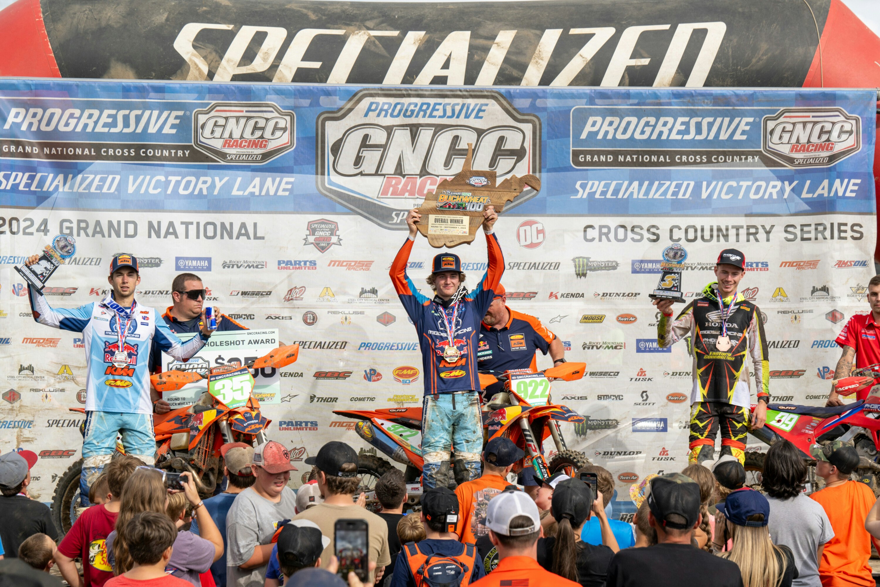 GRANT DAVIS AND JOHNNY GIRROIR STAND ON TOP OF BUCKWHEAT 100 GNCC PODIUM