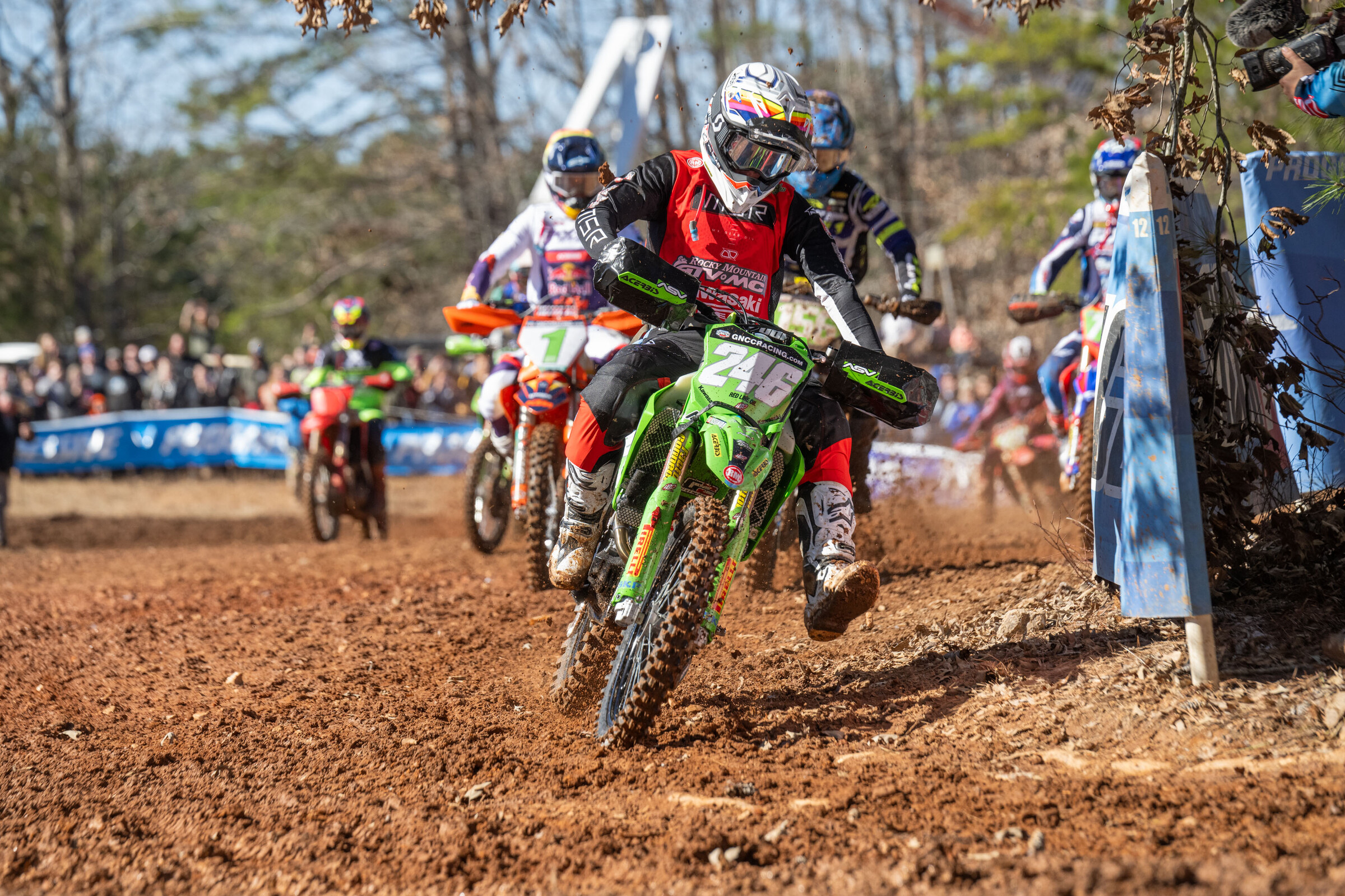 DeFeo grabbing the wholeshot at the Big Buck GNCC.